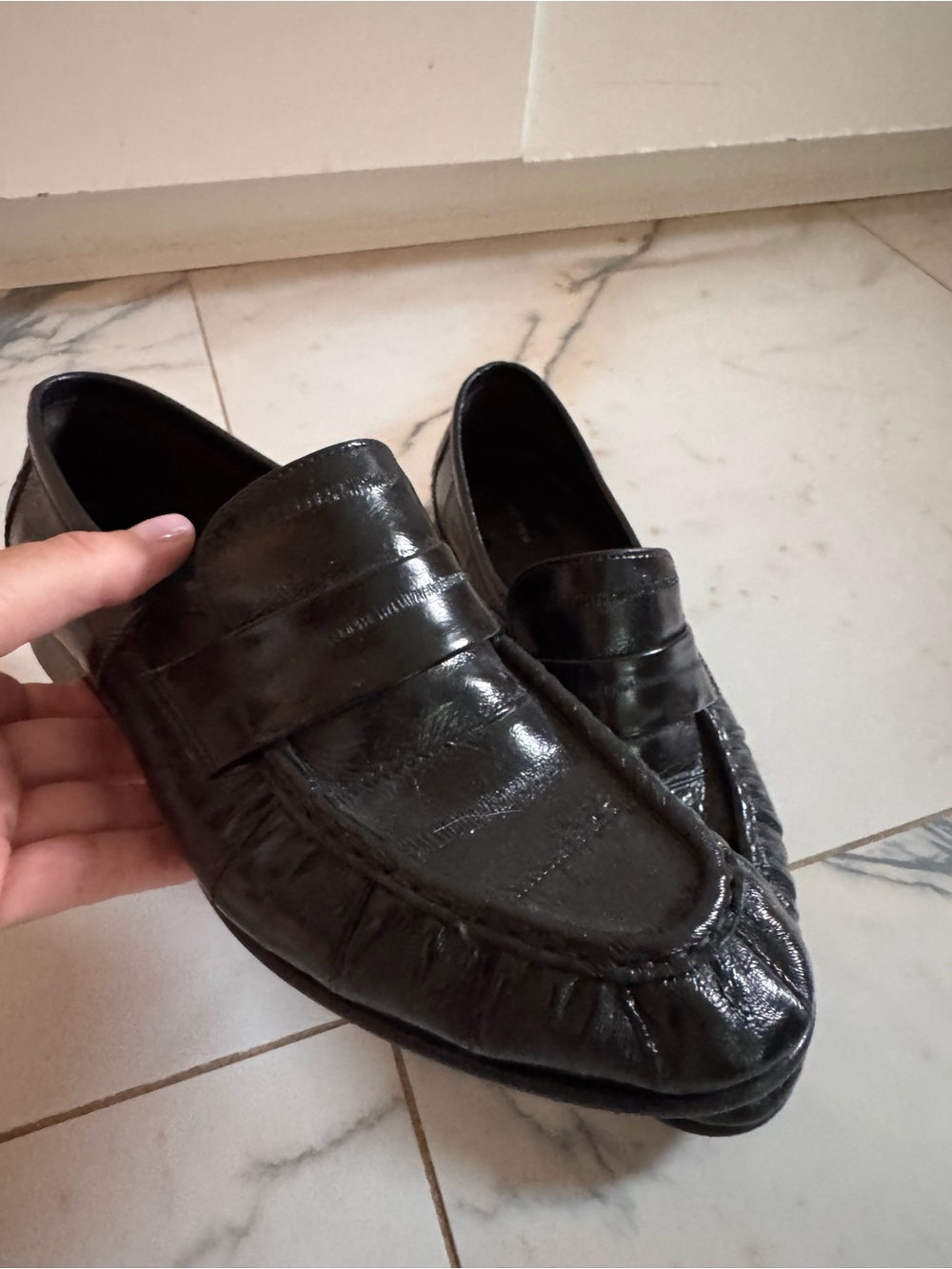 The Row Black Patent Leather Penny Loafers